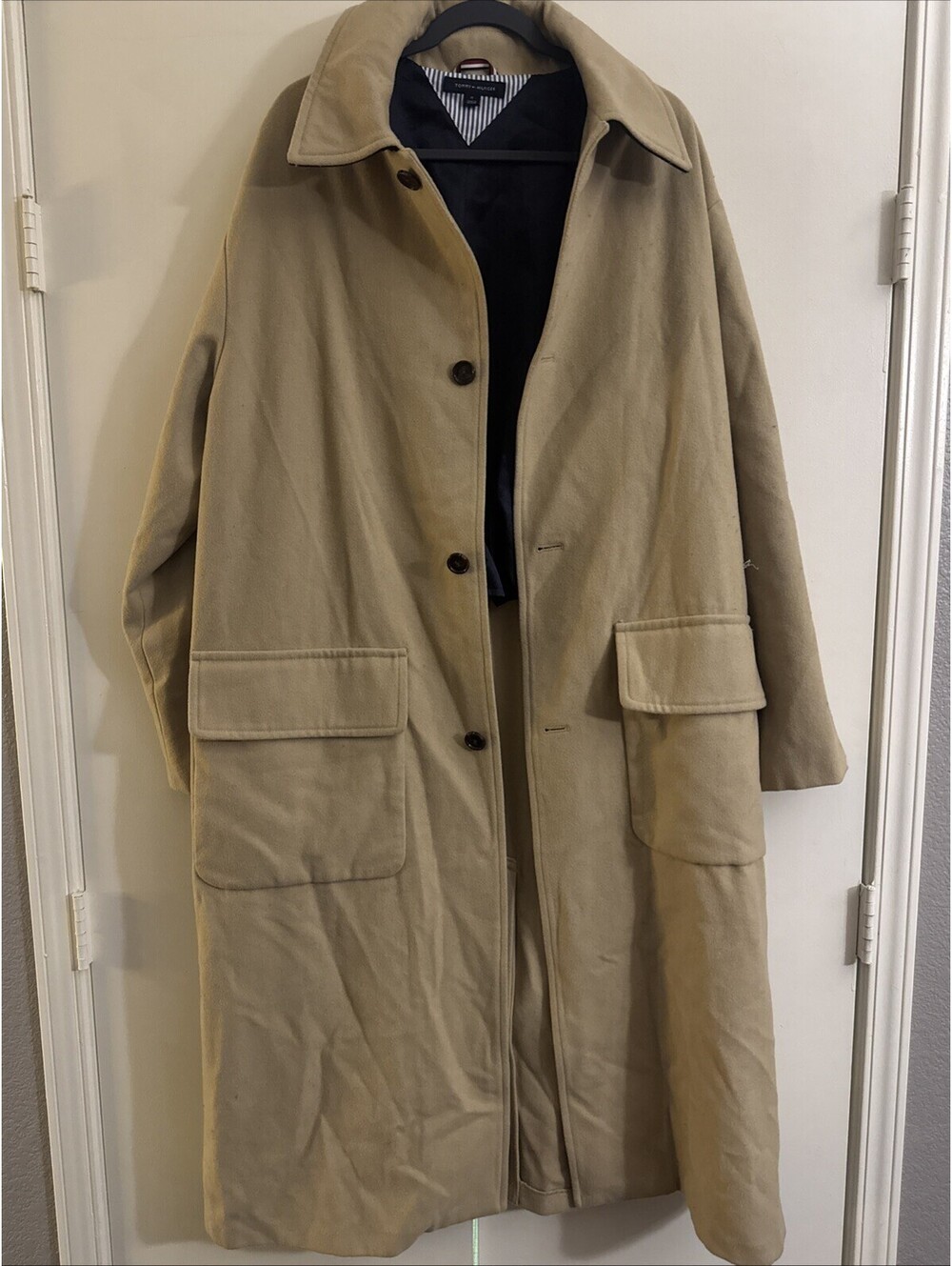 Tommy Hilfiger Trench Coat Jacket Mens Size M Beige Long Button Up Wool Blend